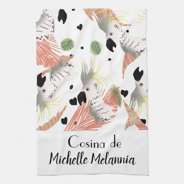 Paño De Cocina Ilustracion Cute Cockatoo Hearts Greenery (Vertical)