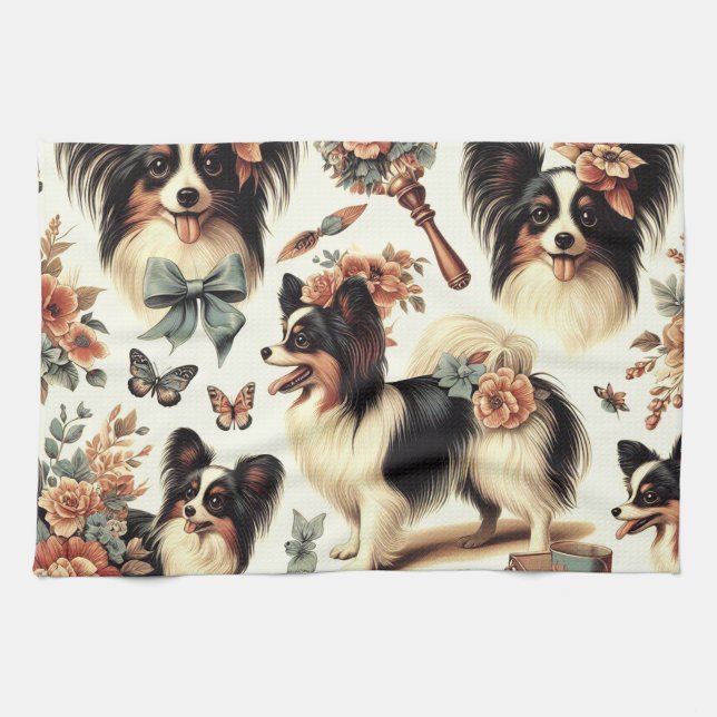 Paño De Cocina Ilustracion Cute Vintage Papillon Dog (Horizontal)