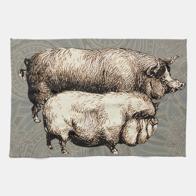 Paño De Cocina Ilustracion de arte antiguo de la granja de cerdos (Horizontal)