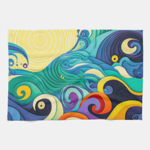 Paño De Cocina Ilustración de arte de línea de ondas de sol color
