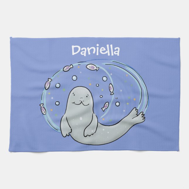 Paño De Cocina Ilustracion de foca feliz y personalizado azul de  (Horizontal)