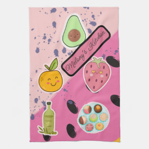 Paño De Cocina Ilustracion de fruta y postre de color rosa oscuro