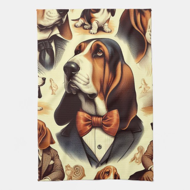 Paño De Cocina Ilustracion de helio vintage Basset (Vertical)