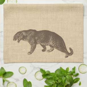 Paño De Cocina Ilustracion de leopardo de época en Burlap