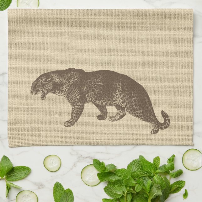 Paño De Cocina Ilustracion de leopardo de época en Burlap (Doblado)