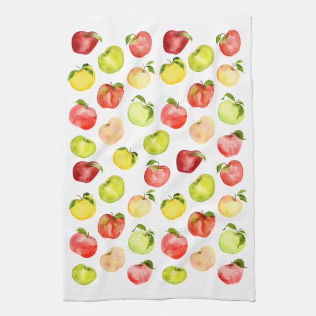Paño De Cocina Ilustracion de manzana verde rojo acuarela otoño (Vertical)