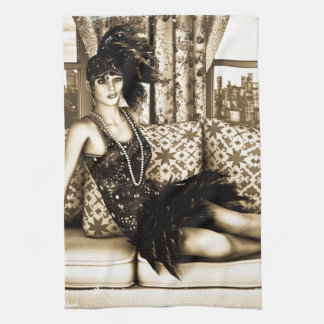 Paño De Cocina Ilustración de mujer flapper Art Deco sepia