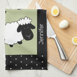 Paño De Cocina Ilustración de Oveja Adorable Negro, Blanco, Verde