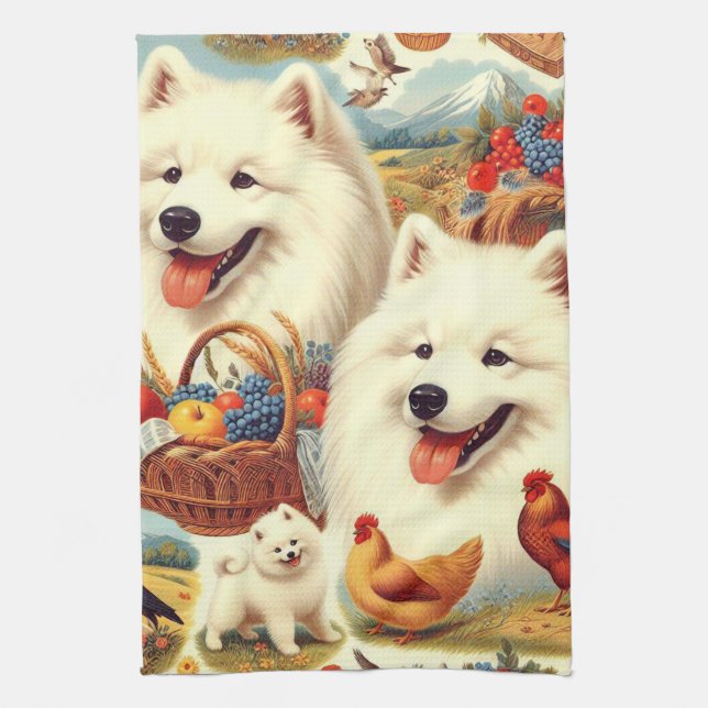Paño De Cocina Ilustracion de perro Samoyed de época (Vertical)