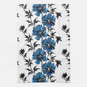 Paño De Cocina ilustracion de tinta floral azul y negro minimalis