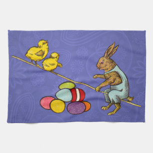 Paño De Cocina Ilustración del conejo de Pascua poniendo huevos