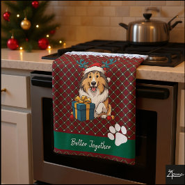 Paño De Cocina Ilustración gráfica de Collie de Navidad con Reno