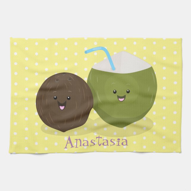 Paño De Cocina Ilustracion personalizado de cocos kawaii alegres (Horizontal)