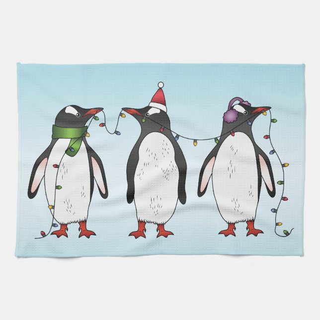 Paño De Cocina Ilustracion Pingüinos de tres Navidades festivos (Horizontal)