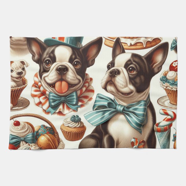 Paño De Cocina Ilustracion Retro Cute Boston Terrier (Horizontal)