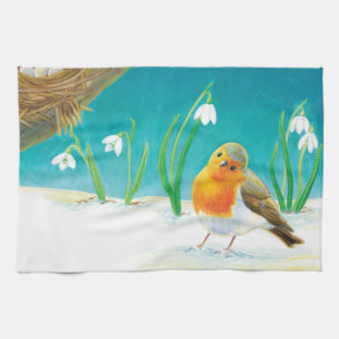 Paño De Cocina Ilustracion Robin Bird, nieve y gotas de nieve