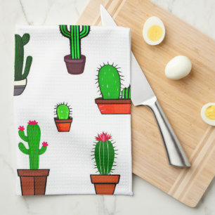 Paño De Cocina Ilustraciones de cactus lindos Patrón Blanco
