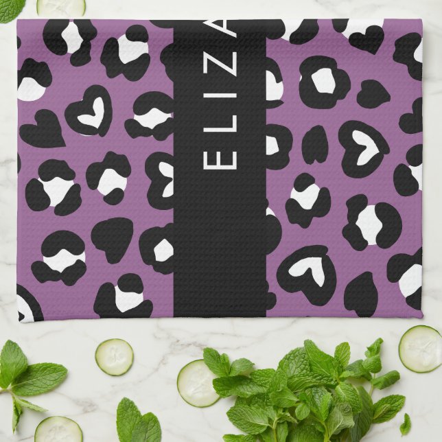Paño De Cocina Impresión animal, leopardo morado, corazón, tu nom (Doblado)