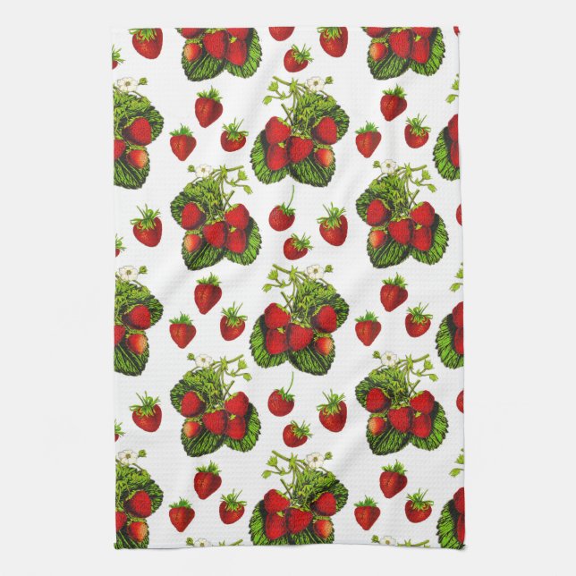 Paño De Cocina Impresión botánica de Ilustracion de fresa en blan (Vertical)