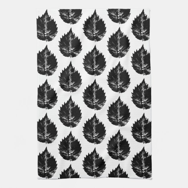 Paño De Cocina Impresión de hojas de elmo blanco y negro (Vertical)