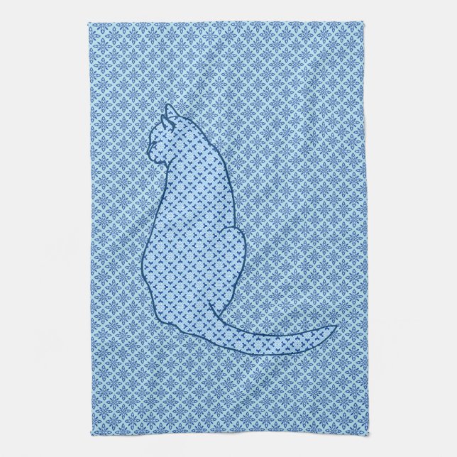 Paño De Cocina Impresión de kimono azul para gato japonés (Vertical)