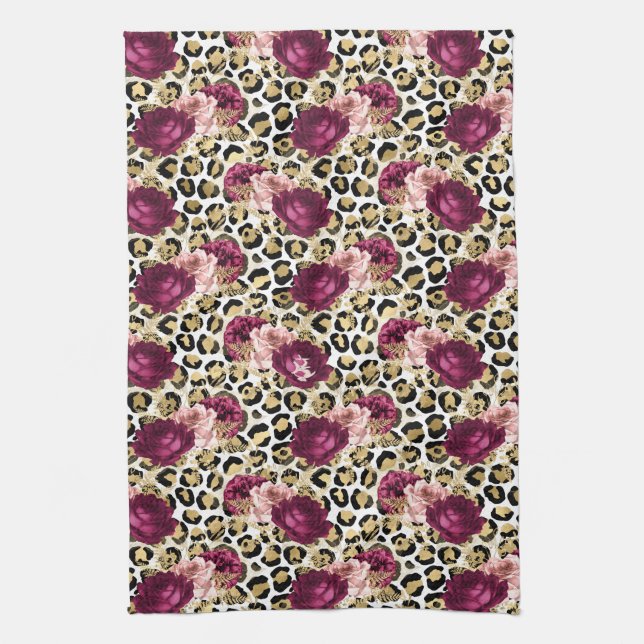 Paño De Cocina Impresión de Leopardo Floral Rosa Girly Gold (Vertical)