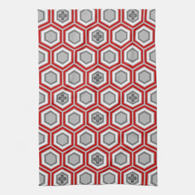 Paño De Cocina Impresión del kimono, rojo hexagonales y gris/gris (Vertical)