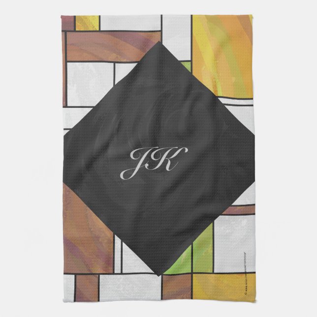 Paño De Cocina Impresión verde amarillo marrón mondriano (Vertical)