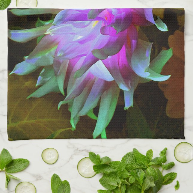 Paño De Cocina Impresionante Magenta y Cactus Verde Lime Dahlia (Doblado)