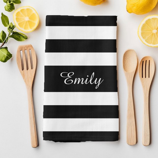 Paño De Cocina Imprimir nombre de patrón de franjas negro y blanc (Minialist Black & White Stripes Pattern Name Print Towel)