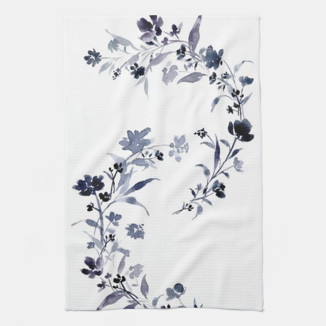 Paño De Cocina Indigo azul marino floral acuarela (Vertical)