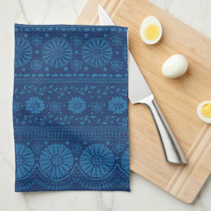 Paño De Cocina Indigo Blue Floral Faux Lace Pattern