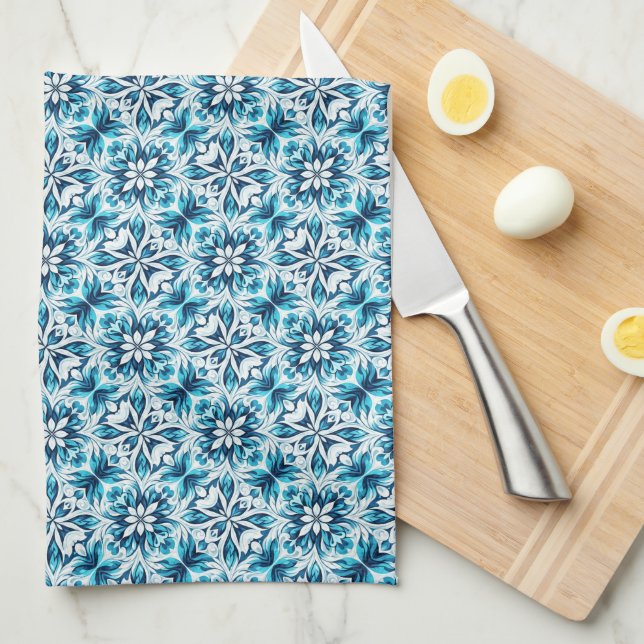 Paño De Cocina Indigo, Turquoise, Sky Blue & White Damask Floral  (Doblado Cuarto)