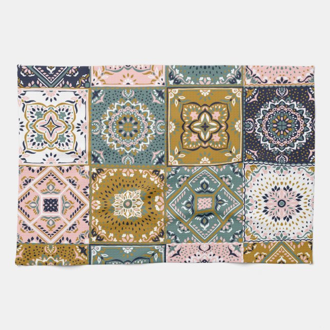 Paño De Cocina Indio de Talavera: Patchwork, mosaico étnico. (Horizontal)