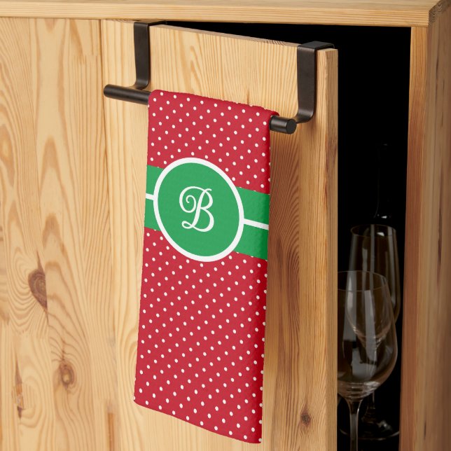 Paño De Cocina Initial, Green Red White Swiss Dot Kitchen Towel (Pliegue de tercios)