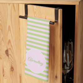 Paño De Cocina Initial Monogram & Name Pastel Pink Green Striped