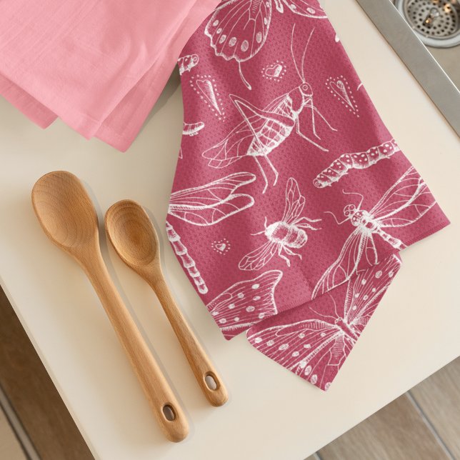 Paño De Cocina Insectos rosados Bee Ladybug Mariposa Bug de amor (Pink and White "Love Bug" Insects Kitchen Towel. Hand-drawn Butterflies, Bees, Dragonflies, & More!)