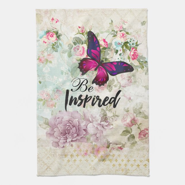 Paño De Cocina Inspiren cita y mariposa rosada en grupo Shabby (Vertical)