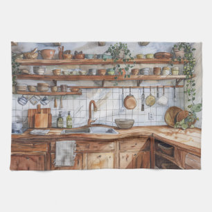 Paño De Cocina Interior de cocina boho en acuarela con estantes a