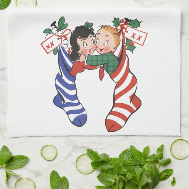 Paño De Cocina Inventarios de Navidad de época con niños amables (Doblado)