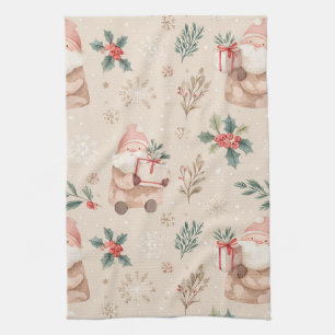 Paño De Cocina Invierno Rosa - Santa Claus, Copos de Nieve, Acebo