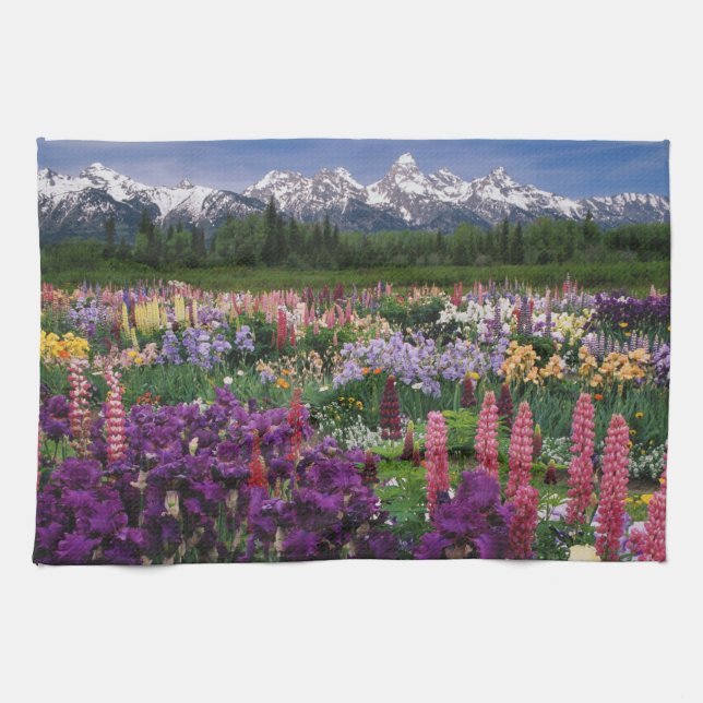 Paño De Cocina Iris y Lupine Garden y Teton Range, (Horizontal)