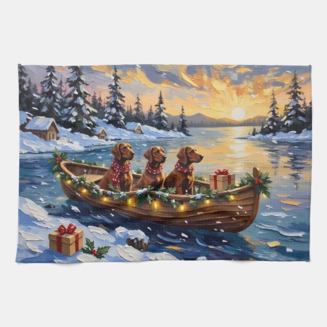 Paño De Cocina Irish Red Setter Christmas Boat Holiday (Horizontal)