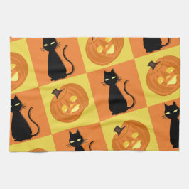 Paño De Cocina Jack-o’-lantern and cat kitchen towel.
