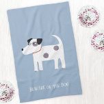 Paño De Cocina Jack Russell Terrier Dog Personalizado<br><div class="desc">Un perro Jack Russell Terrier,  lindo pero lleno de vida,  con un fondo azul. Estos encantadores cachorros también son conocidos como Parson Russell Terriers. El texto se puede eliminar o cambiar para personalizar más.</div>