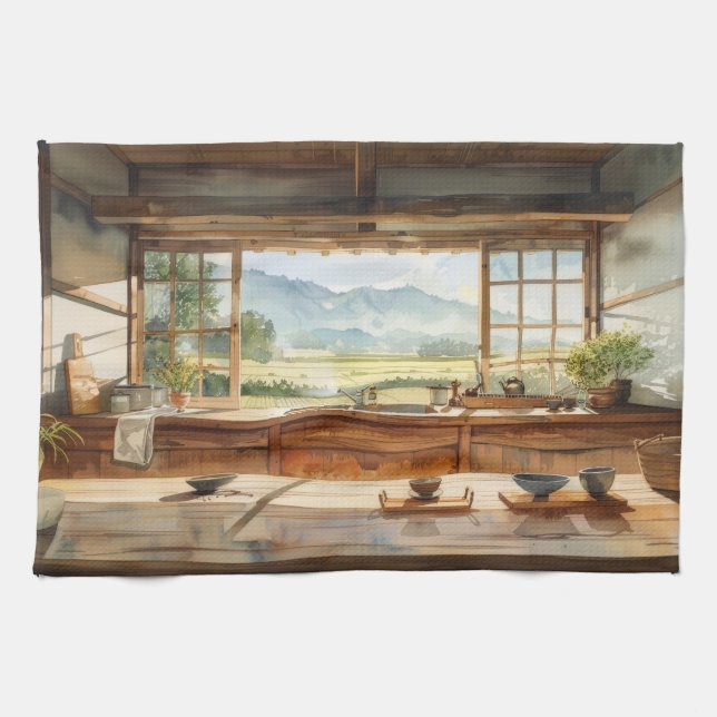 Paño De Cocina Japanese Countryside Kitchen with Rice Field View  (Horizontal)
