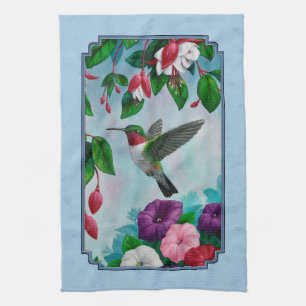 Paño De Cocina Jardín de flores y Hummingbirds Azul