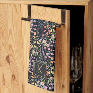 Paño De Cocina Jardín de monograma de fondo oscuro Floral de flor