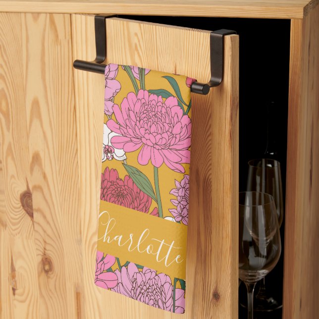 Paño De Cocina Jardín floral boho amarillo nombre personalizado (Pliegue de tercios)