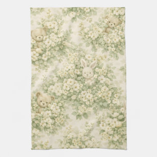 Paño De Cocina Jardín Floral de Conejo y Oso Patrón Verde Neutral